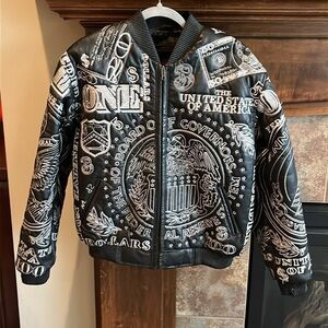 black leather lined bomber jacket embroidered money hiphop street big kids 2XL